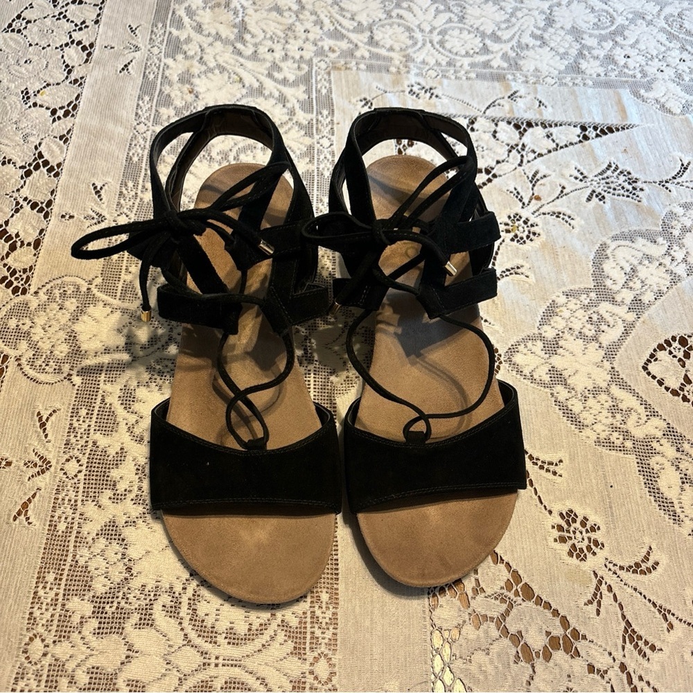 Vionic Tansy Women' Sandals Size 9.5 Espadrilles Wedge Heels Black Suede Comfy